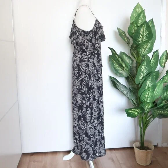 Amuse Society Black & White Floral Asymmetric Cold Shoulder Maxi Dress Large L - Picture 9 of 14